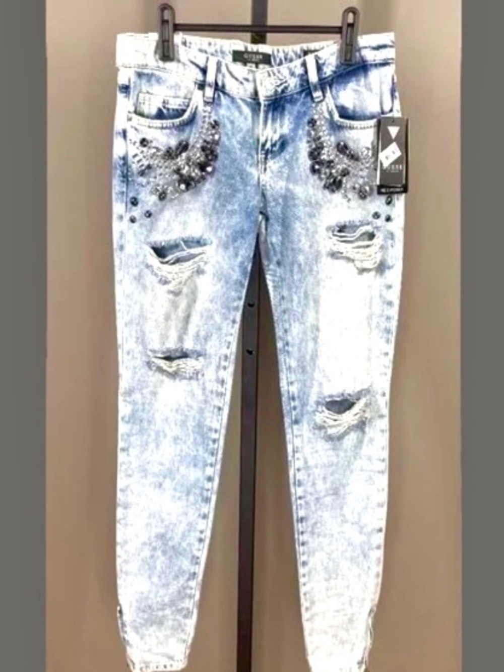 NEW Guess Jeans Womens 26 blue denim skinny marilyn distressed gem casual glam